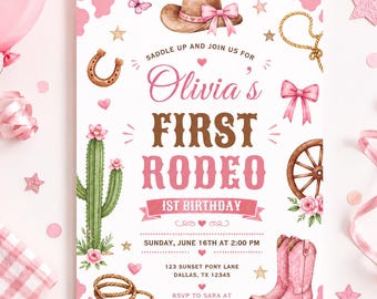 First Rodeo 1st Birthday Invitation, Pink Cowgirl Cactus Western, Cow Print Baby Girl, Editable Canva Template, Instant Download