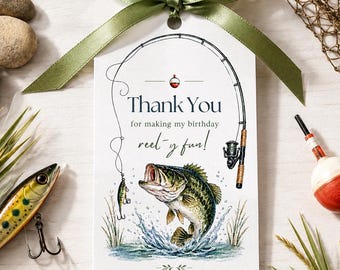 Fishing Birthday Thank You Tag Template, Reel Fun Favor Tag, Bass Fishing Party Gift Tag, Editable Canva, 2x3.5 Printable Thank You Tag