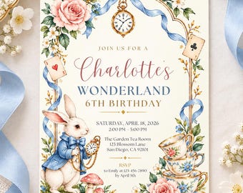 Alice in Wonderland Birthday Invitation, White Rabbit Tea Party Invite, Editable Canva Template