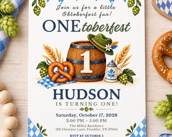 ONEtoberfest First Birthday Invitation, Oktoberfest 1st Birthday Party, Editable Canva Template, Boy Invite