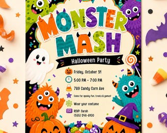 Monster Mash Halloween Party Invitation Template, Kids Halloween Invite, Cute Monster Birthday Party, Trick or Treat Invite, Editable Canva