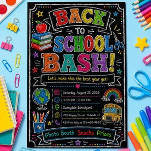 以下が含まれることがあります： 2026年8月22日にサニーデール・スクールヤードで開催される「Back to School Bash」の黒板風招待状。カラフルなチョーク風の文字、本の山、地球儀、虹、黄色いスクールバスのイラストが描かれています。