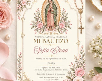 Virgen de Guadalupe Bautizo Invitation, Pink Floral Spanish Baptism Invite, Editable Canva Template
