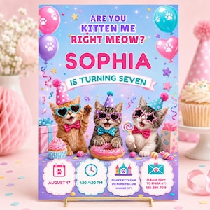 Cat Birthday Invitation Template, Kitty Party Invite, Girl 7th Birthday, Are You Kitten Me, Editable Printable Canva
