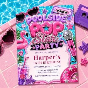 May include: A rectangular invitation card for Harper's 10th birthday party titled POOLSIDE POP STAR PARTY. The design features pink heart-shaped sunglasses, a flamingo float, a microphone, a cassette tape, and a drink with a smiley face sticker.