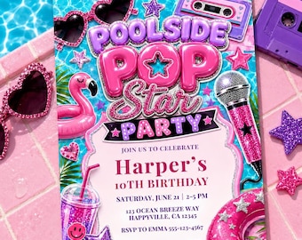 Poolside Pop Star Birthday Invitation Template, Editable Canva Girls Pool Party Invite, Summer Swimming Birthday, Instant Download 5x7