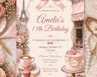 Paris Birthday Invitation, Parisian Cafe Birthday Invite, Pink Eiffel Tower Party, French Patisserie Canva Template, Any Age