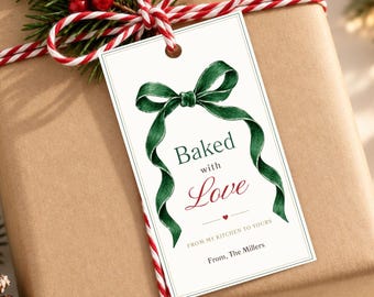 Baked with Love Gift Tag, Printable Homemade Treat Tags, Green Bow Christmas Tag, Editable Canva Template