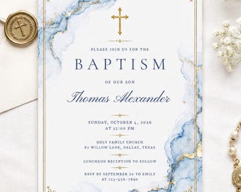 Boy Baptism Invitation Editable Template, Blue Marble Gold Cross Christening Invite, Baby Boy Dedication, Canva Instant Download