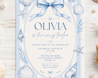Blue Seashell 12th Birthday Invitation, Coastal Beach Party Invite, Editable Canva Template, Bow Shell Ocean Birthday