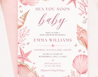 Sea You Soon Baby Shower Invitation Editable Template, Pink Seashell Pearl Coastal Invite, Girl Baby Shower, Canva Instant Download