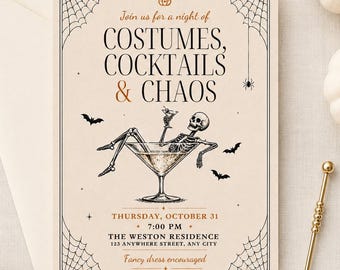 Costumes Cocktails and Chaos Halloween Invitation, Skeleton Martini Party Invite, Adult Halloween, Vintage Spooky, Editable Instant Download