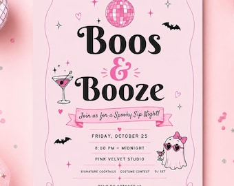 Peut inclure: Une carte d'invitation rectangulaire rose pâle avec le texte noir Boos & Booze. Le design présente une boule à facettes rose, un verre à martini, des chauves-souris et un fantôme portant des lunettes en forme de cœur. Inclut date, heure et lieu.
