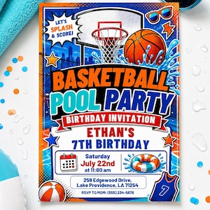 Basketball Pool Party Invitation, Sports Pool Party Invite Boys Birthday, Editable Canva, Swimming Basketball Party, Digital Download image 1