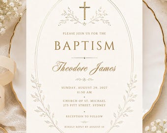 Baptism Invitation Template, Minimalist Gold Cross Christening Invite, Elegant Neutral Baptism, Editable Canva Template, Printable