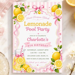 May include: A rectangular invitation card with a pink and white striped background, featuring yellow lemons, green leaves, and pink ribbons. The text reads: Sweet Summer Splash, Lemonade Pool Party, Join us to celebrate Charlotte's 6th Birthday, Saturday, August 16th, 1:00 PM - 4:00 PM, 123 Lemon Lane, Miami, FL, RSVP to Mom at (555) 234-6789, Splash up & celebrate!