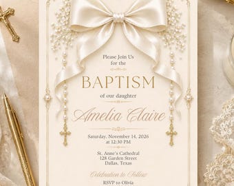 White Bow Baptism Invitation, Pearl Christening Invite Girl, Ivory Gold Cross Baptism Template, Editable Canva 5x7