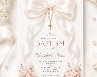 Girl Baptism Invitation Template, Pink Floral Christening Invite, Satin Bow Rosary Baptism, Editable Canva, Instant Download