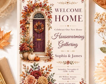 May include: A rectangular housewarming invitation card featuring a dark purple door framed by autumn leaves and pumpkins. The text reads: WELCOME HOME, Celebrate Our New Home, Housewarming Gathering, Sophia & James, Saturday, November 8, 5 PM - 9 PM, 215 Willow Avenue, Nashville, TN, RSVP: 555-246-8101.