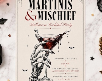 May include: A rectangular Halloween cocktail party invitation card titled "MARTINIS & MISCHIEF" featuring a skeletal hand holding a martini glass with red liquid, spider web corners, bat silhouettes, and event details in black and red text.