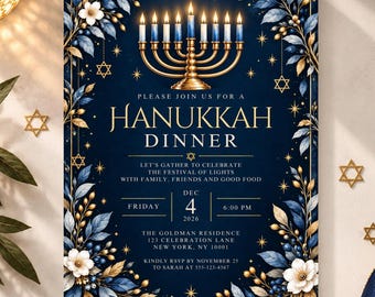 Hanukkah Dinner Invitation, Elegant Navy Gold Menorah Invite, Editable Canva Template, Printable 5x7