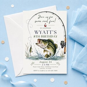 May include: A white birthday invitation card featuring a fishing theme with a large bass jumping out of water, a fishing rod, and a bobber. The text reads: Join us for some reel fun! to celebrate WYATT'S 8TH BIRTHDAY, August 24, 2-5 PM, Lakeview, TX.