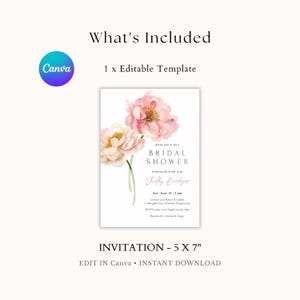 Pu&ograve; includere: Un biglietto d'invito bianco con arte floreale ad acquerello e la scritta "BRIDAL SHOWER". L'invito misura 12,7 x 17,8 cm e include la scritta "EDIT IN Canva &bull; INSTANT DOWNLOAD".