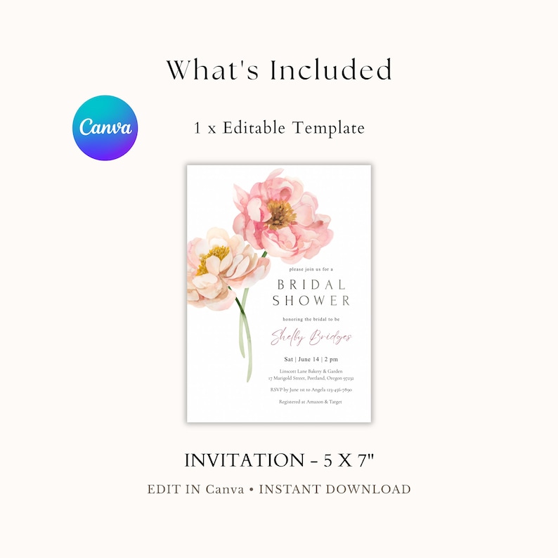 Pu&ograve; includere: Un biglietto d'invito bianco con arte floreale ad acquerello e la scritta "BRIDAL SHOWER". L'invito misura 12,7 x 17,8 cm e include la scritta "EDIT IN Canva &bull; INSTANT DOWNLOAD".