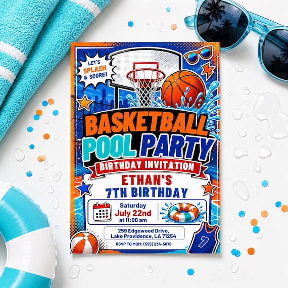Basketball Pool Party Invitation, Sports Pool Party Invite Boys Birthday, Editable Canva, Swimming Basketball Party, Digital Download
