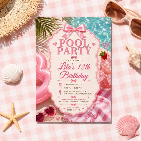 Pink Bow Pool Party Birthday Invitation Girl, Coquette Swim Party Invite, Editable Canva Template, Kids Tween Summer Birthday