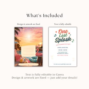 May include: A digital pool party invitation template featuring a sunset scene with a pool, lounge chair, and flamingo float on the left, and a white card with the text One Last Splash, End of Summer Pool Party, and event details on the right.