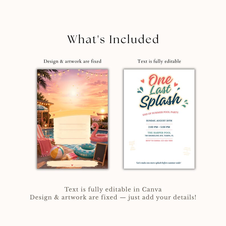 May include: A digital pool party invitation template featuring a sunset scene with a pool, lounge chair, and flamingo float on the left, and a white card with the text One Last Splash, End of Summer Pool Party, and event details on the right.