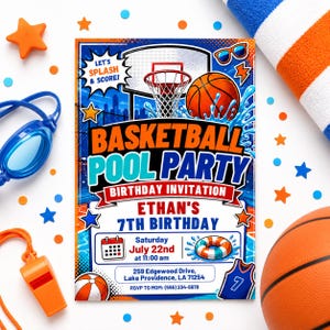 May include: A rectangular basketball pool party birthday invitation for Ethan's 7th birthday on Saturday, July 22nd at 11:00 am, located at 259 Edgewood Drive, Lake Providence, LA 71254. The design features a basketball hoop, water splashes, and text.