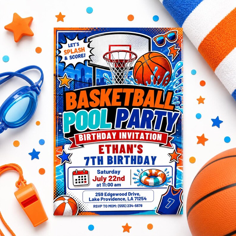 May include: A rectangular basketball pool party birthday invitation for Ethan's 7th birthday on Saturday, July 22nd at 11:00 am, located at 259 Edgewood Drive, Lake Providence, LA 71254. The design features a basketball hoop, water splashes, and text.
