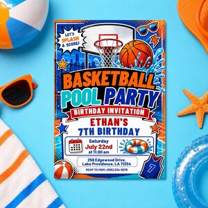 May include: A rectangular basketball pool party birthday invitation for Ethan's 7th birthday on Saturday, July 22nd at 11:00 am. The design features a basketball, hoop, water splashes, and text details including the address 259 Edgewood Drive, Lake Providence, LA 71254 and RSVP phone number.