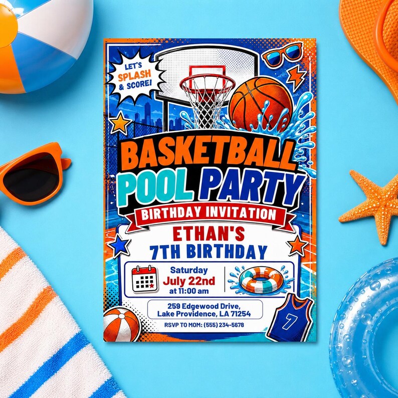 May include: A rectangular basketball pool party birthday invitation for Ethan's 7th birthday on Saturday, July 22nd at 11:00 am. The design features a basketball, hoop, water splashes, and text details including the address 259 Edgewood Drive, Lake Providence, LA 71254 and RSVP phone number.