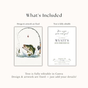 May include: A digital birthday invitation template featuring a fishing theme. The left side shows a bass jumping from water with a fishing rod and bobber. The right side displays editable text: Join us for some reel fun! to celebrate WYATT'S 8TH BIRTHDAY.