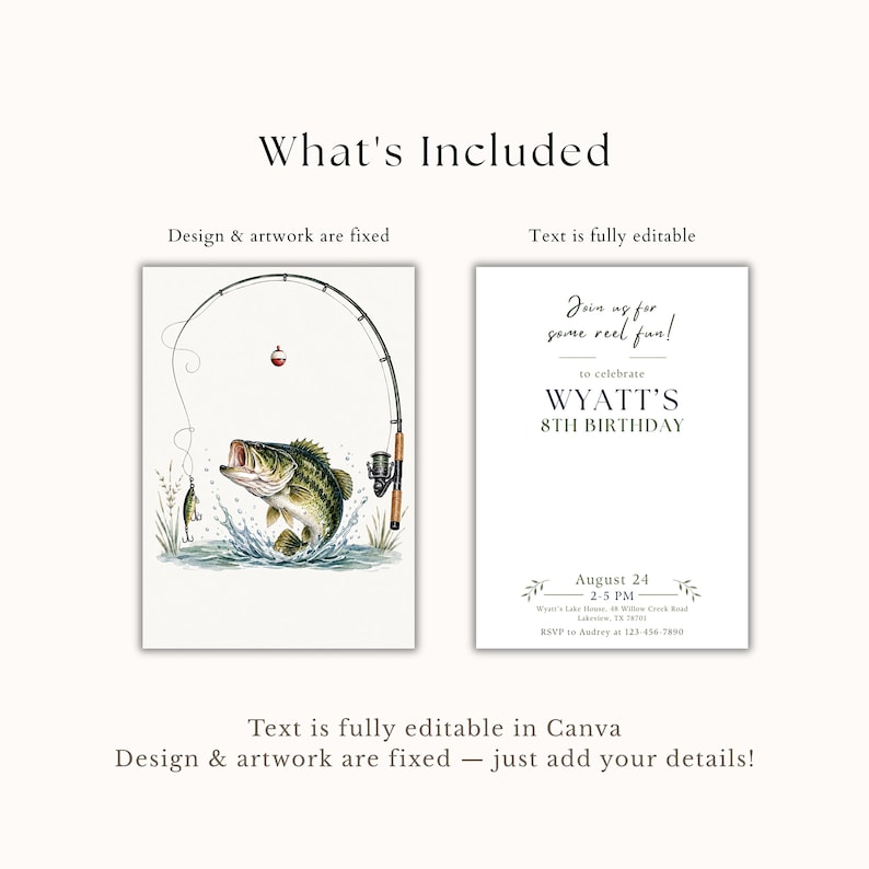 May include: A digital birthday invitation template featuring a fishing theme. The left side shows a bass jumping from water with a fishing rod and bobber. The right side displays editable text: Join us for some reel fun! to celebrate WYATT'S 8TH BIRTHDAY.
