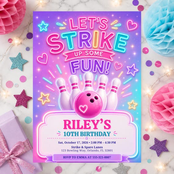 Let’s Strike Up Some Fun Birthday Invitation Template, Neon Bowling Party Invite, Glow Bowling Editable Canva 5x7