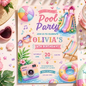以下が含まれることがあります： 「Pool Party」と「Olivia's 6th Birthday!」の文字が入った、カラフルなプールパーティーの招待状。ビーチボール、ウォータースライダー、カメラが描かれています。招待状には日付、時間、RSVP情報が含まれています。