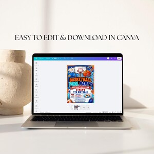 May include: A laptop screen displays a digital basketball pool party birthday invitation template. The design features a basketball hoop, a basketball, and water graphics with the text 'BASKETBALL POOL PARTY', 'ETHAN'S 7TH BIRTHDAY', and 'EASY TO EDIT & DOWNLOAD IN CANVA'.