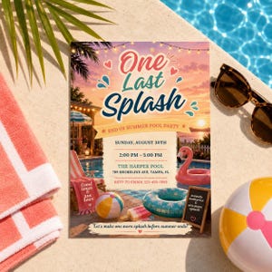 May include: A rectangular invitation card titled One Last Splash for an end of summer pool party on August 30th. The design features a sunset pool scene with a pink flamingo float, a blue patterned inner tube, and a beach ball on a deck.