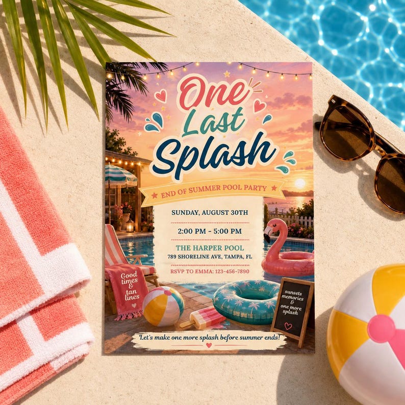 May include: A rectangular invitation card titled One Last Splash for an end of summer pool party on August 30th. The design features a sunset pool scene with a pink flamingo float, a blue patterned inner tube, and a beach ball on a deck.
