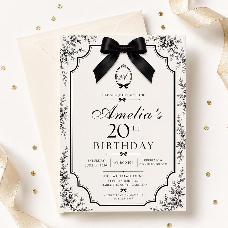 Black Bow Birthday Invitation Template, Elegant Floral Coquette