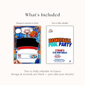 May include: A digital invitation template for a basketball pool party featuring a basketball, hoop, and water splash graphics. The left side shows a fixed design with blank fields, while the right side displays editable text including Let's Splash & Score.