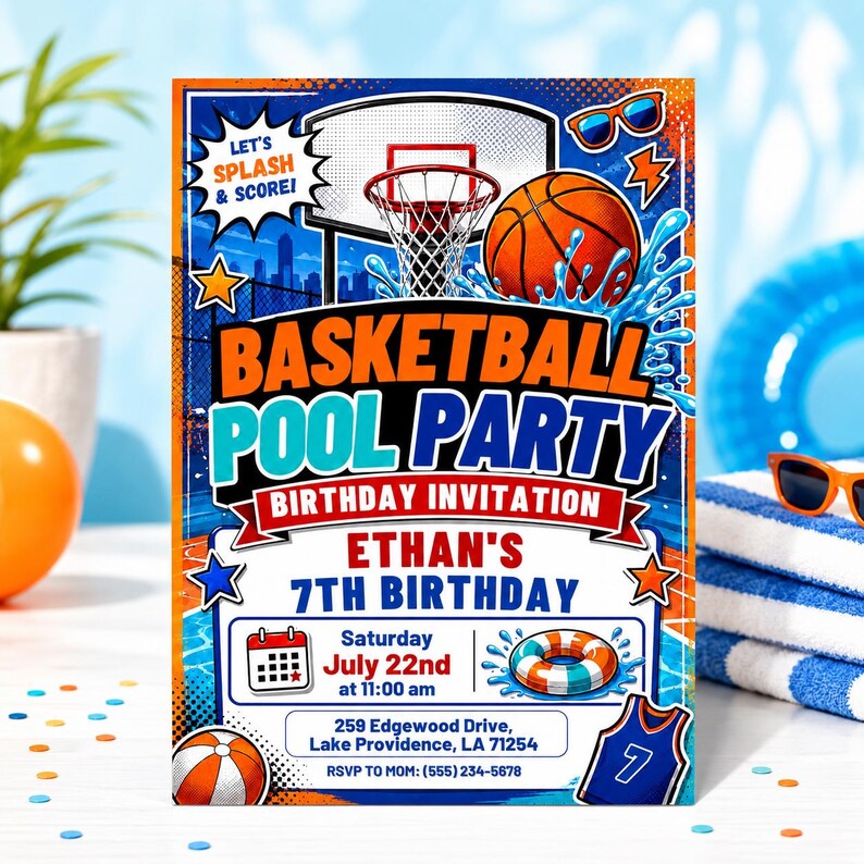 May include: A rectangular basketball pool party birthday invitation featuring a basketball, hoop, and water splashes. Text includes: Basketball Pool Party, Ethan's 7th Birthday, Saturday July 22nd at 11:00 am, 259 Edgewood Drive, Lake Providence, LA 71254, RSVP to Mom: (555) 234-5678.