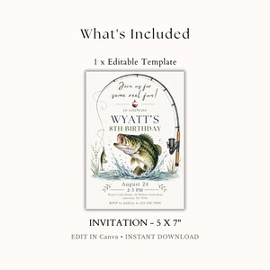 May include: An editable 5 x 7 inch birthday invitation template featuring a fishing theme. The design includes a large bass fish jumping out of water, a fishing rod, and text that reads: Join us for some reel fun! to celebrate WYATT'S 8TH BIRTHDAY.