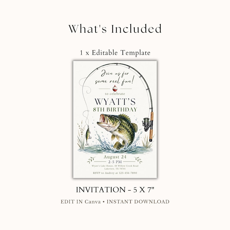 May include: An editable 5 x 7 inch birthday invitation template featuring a fishing theme. The design includes a large bass fish jumping out of water, a fishing rod, and text that reads: Join us for some reel fun! to celebrate WYATT'S 8TH BIRTHDAY.