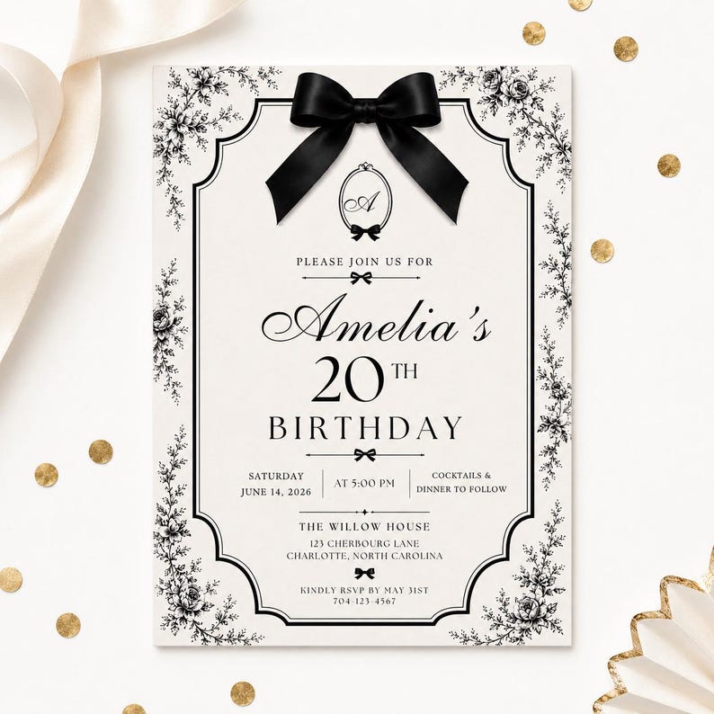 Black Bow Birthday Invitation Template, Elegant Floral Coquette