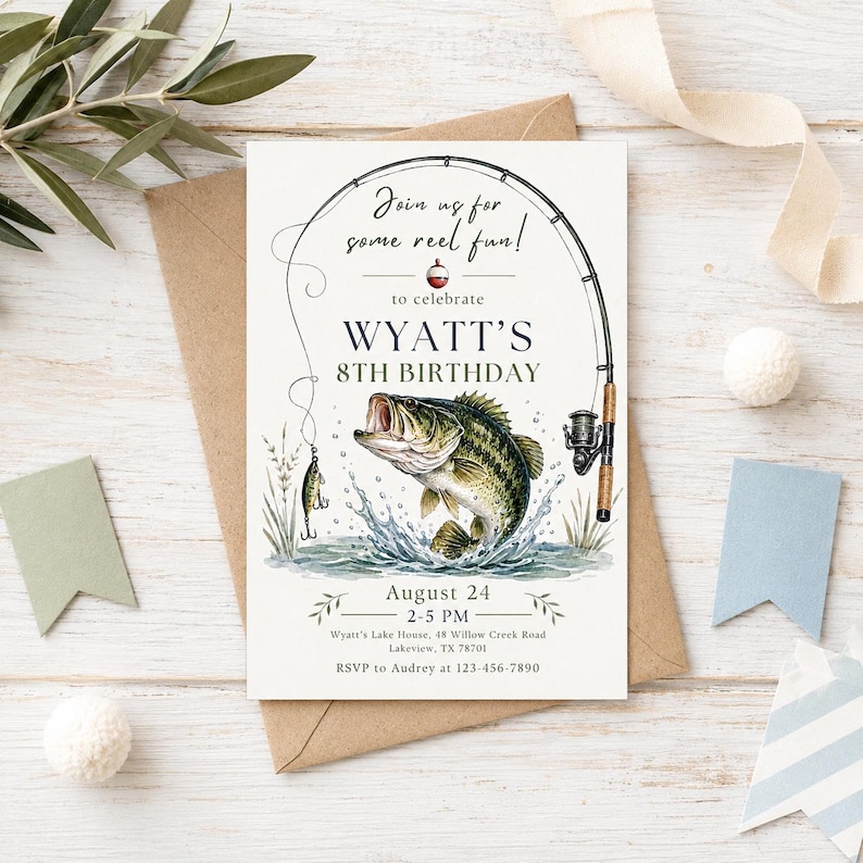 Fishing Birthday Invitation Template, Any Age Reel Fun Birthday Party Invite, Bass Fishing Birthday, Boy Birthday Canva Template image 5